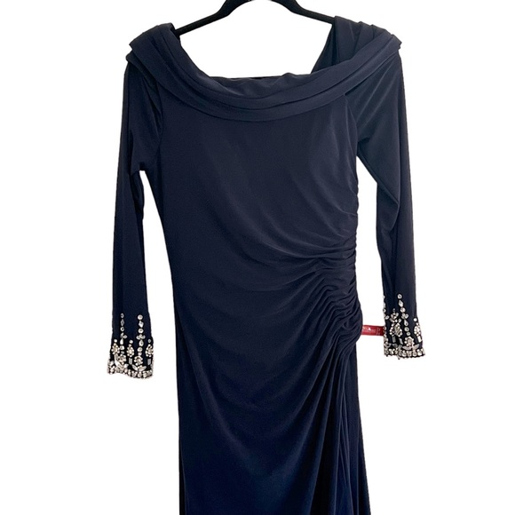 NEW MAC DUGGAL One Shoulder Midnight Blue Long Sleeve Jersey Gown size 6 - Picture 5 of 10